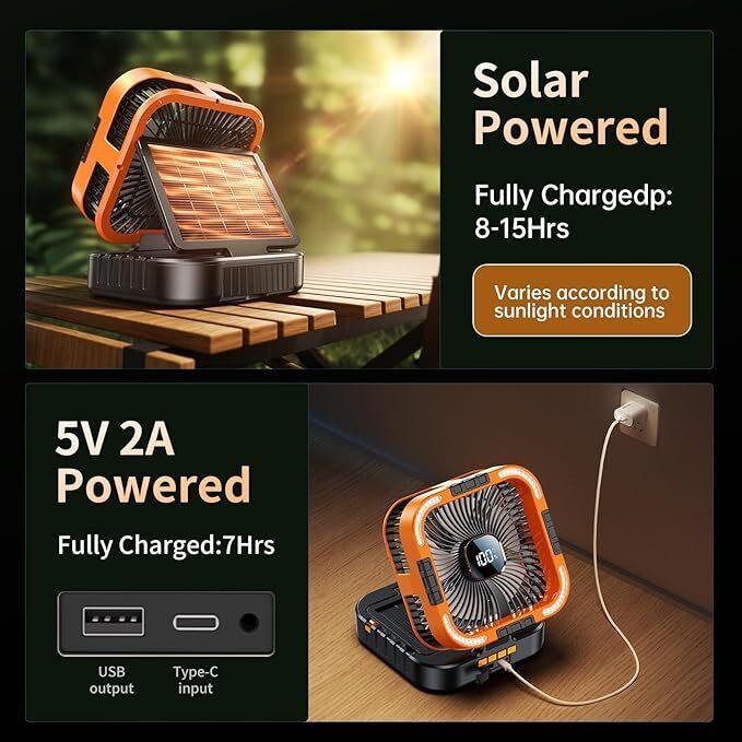 Solar camping fan with LED light