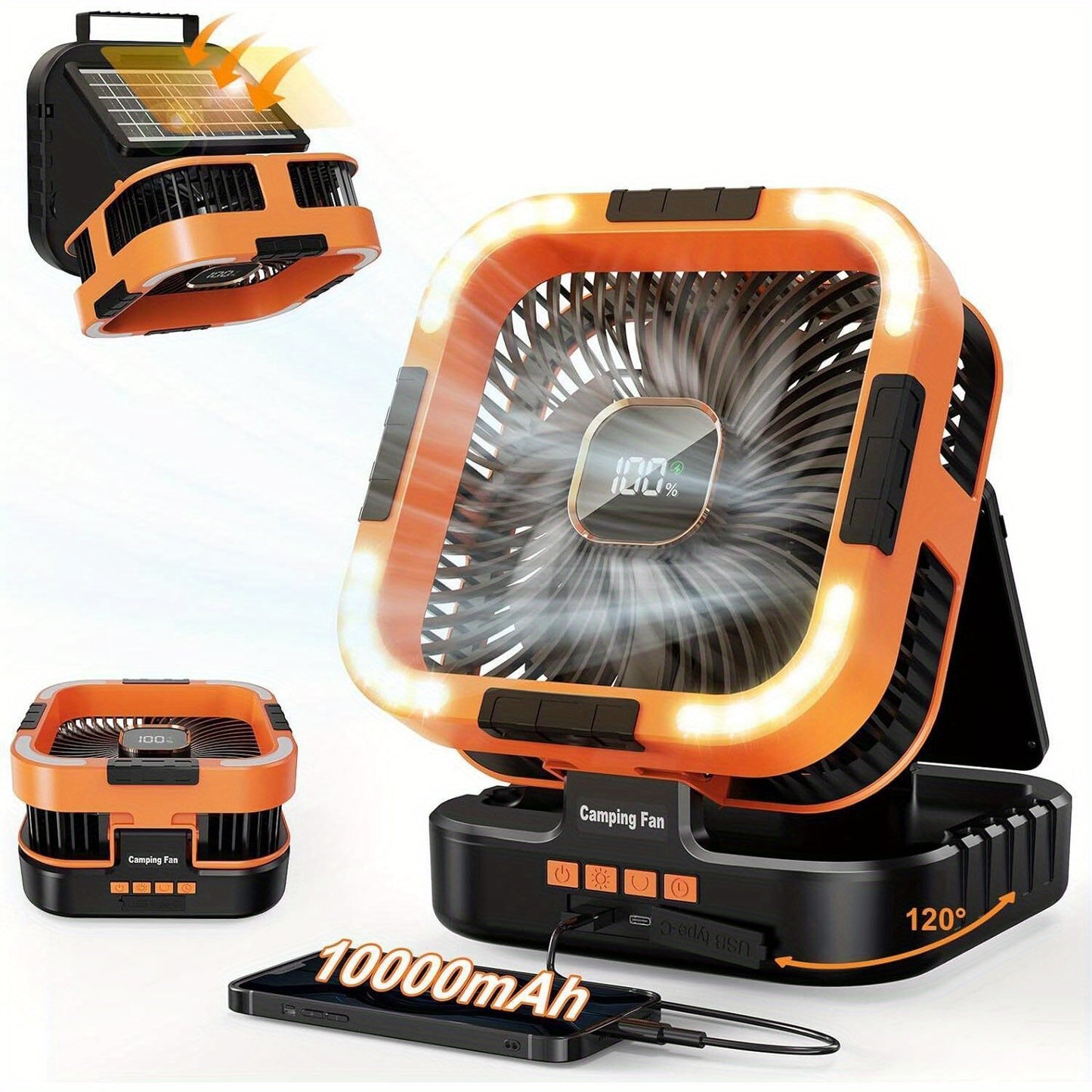Solar camping fan with LED light